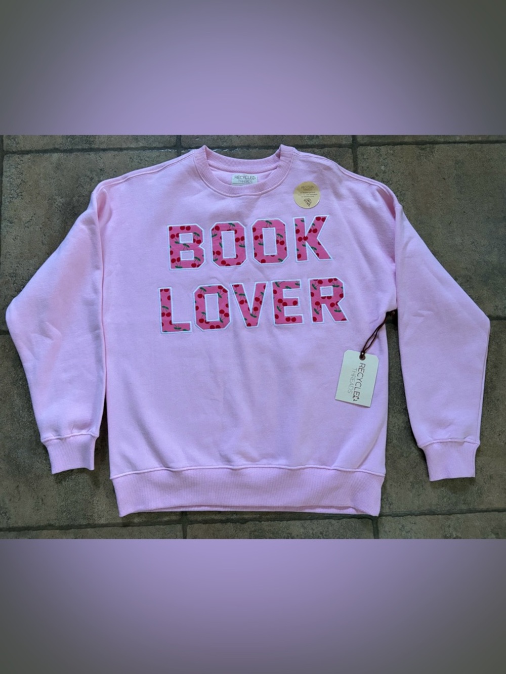 NWT BOOK LOVER Pink Cotton Crewneck Sweatshirt Recycled Threads Sz S